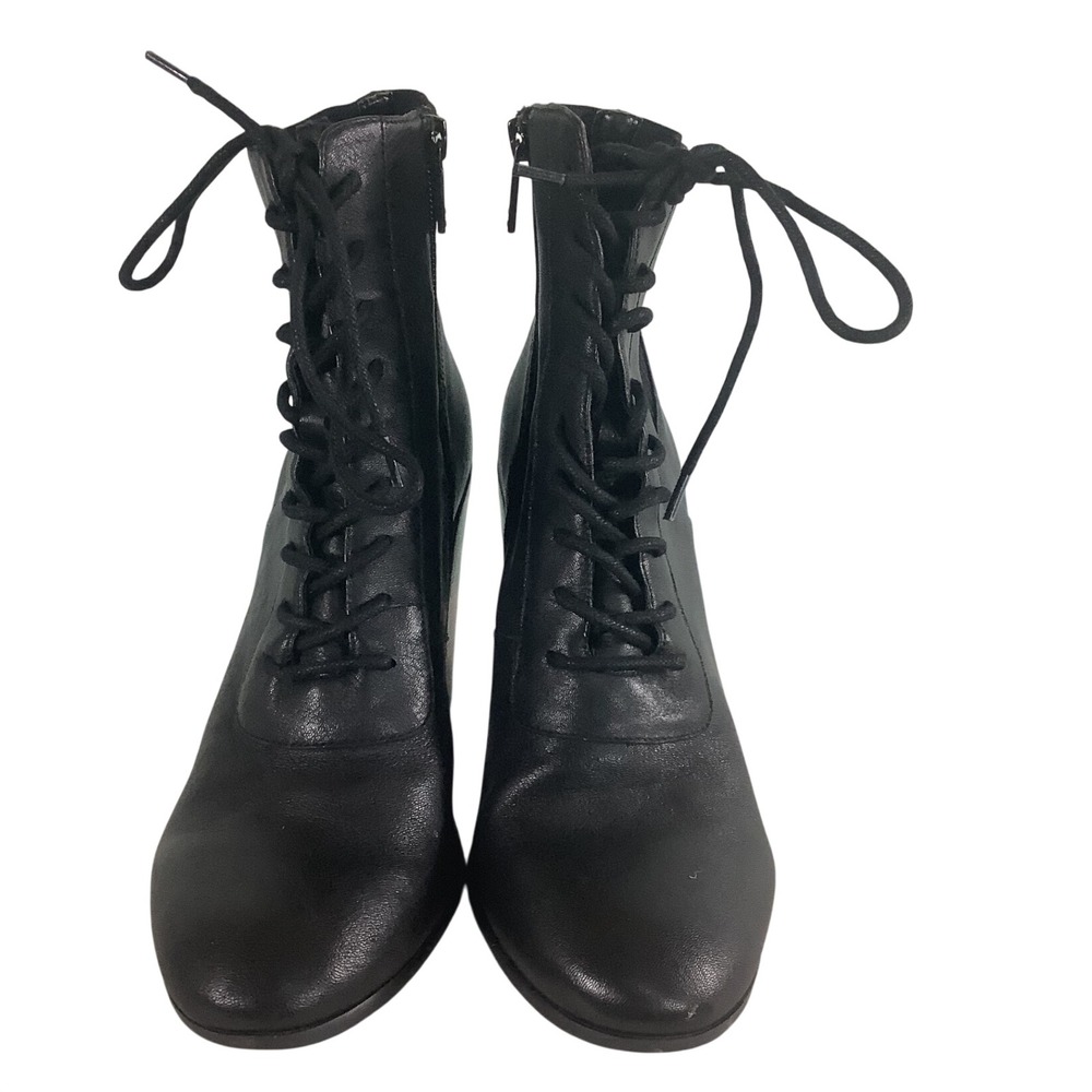 Kenneth Cole New York Black Leather Lace Up Sock Ankle Boots Block Heel Womens10